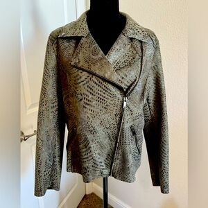 Philosophy Olive Green w/ Leaf Design SZ L Faux Leather Suede Moto Jacket